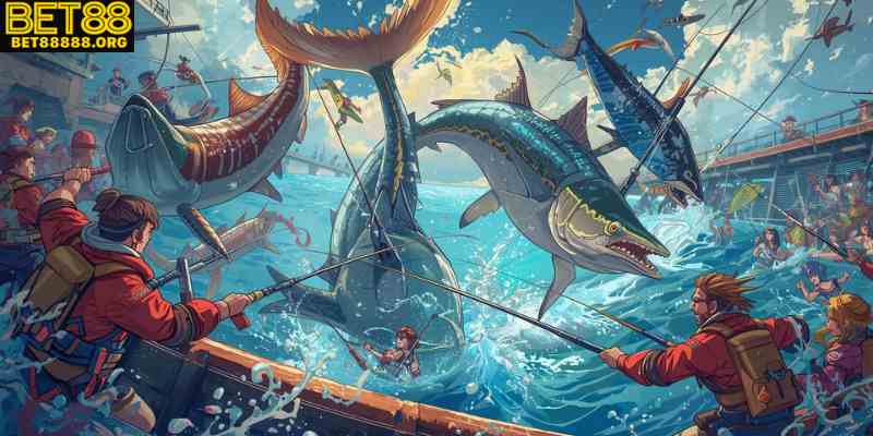 Players competing in a multiplayer fishing arena, aiming for the biggest sea creatures.
